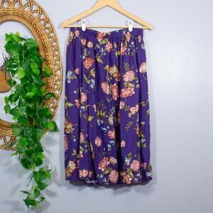 VTG Purple Floral Midi Skirt Cottagecore Elastic Waist Garden Print True Spring